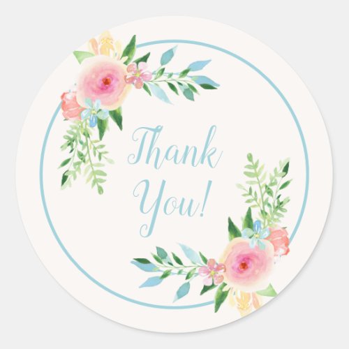 Pastel Pink Blue Floral Watercolors Thank You Classic Round Sticker