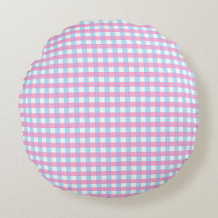 Pastel Pink Blue Gingham Plaid Round Pillow
