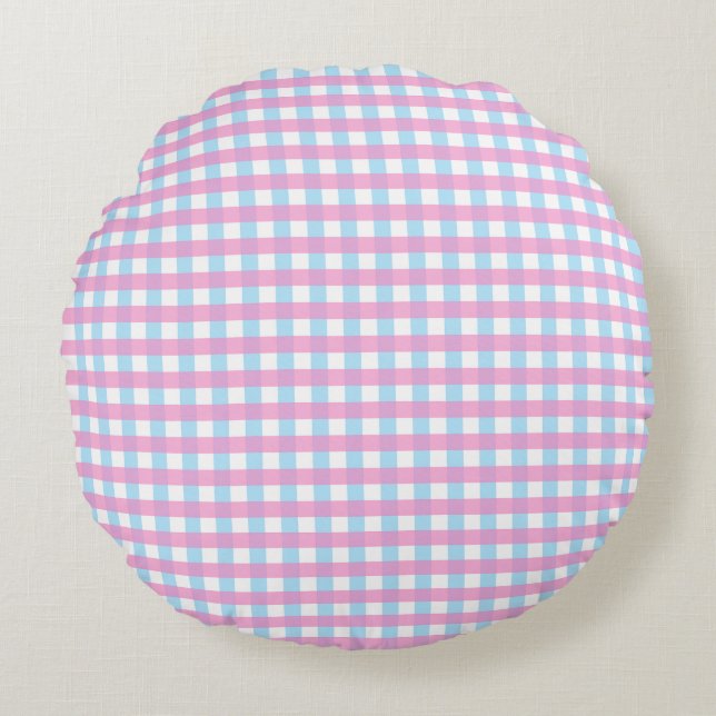 Pastel Pink Blue Gingham Plaid Round Pillow (Front)