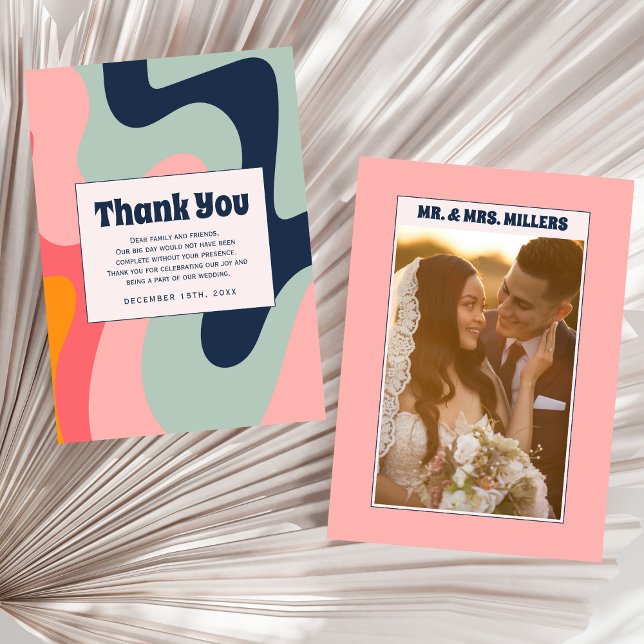Pastel Pink Blue Groovy 70s Photo Thank You Card (Creator Uploaded)