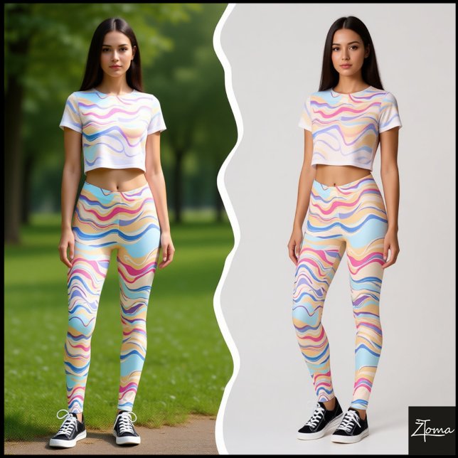 Pastel Pink Blue Horizontal Flowing Wave Pattern Leggings (Creator Uploaded)