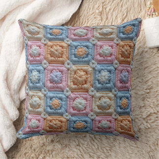 Pastel Pink Blue Ivory Orange Crochet Look Throw Pillow