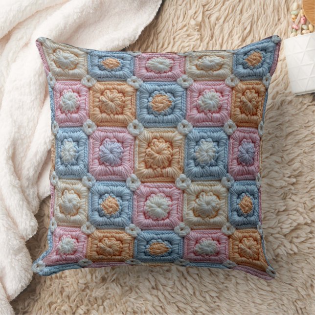 Pastel Pink Blue Ivory Orange Crochet Look Throw Pillow (Blanket)