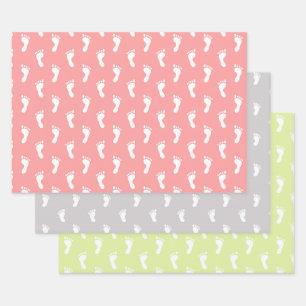 PASTEL PINK BLUE LIME GREEN ROWS OF BABY FEET WRAPPING PAPER SHEETS
