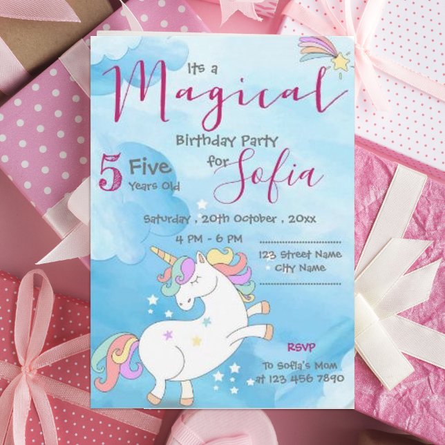 Pastel pink blue Magical Unicorn Themed Birthday Invitation (Pastel pink blue Magical Unicorn Themed Birthday Invitation)