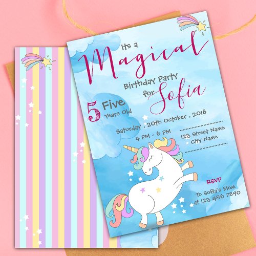 Pastel pink blue Magical Unicorn Themed Birthday Invitation