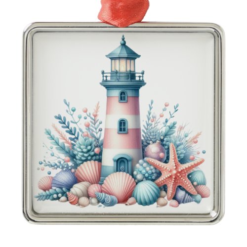 PASTEL PINK &amp; BLUE NAUTICAL CHRISTMAS LIGHTHOUSE METAL ORNAMENT