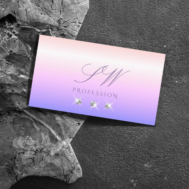 Pastel Pink Blue Ombre Sparkling Diamonds Monogram Business Card (Creator Uploaded)