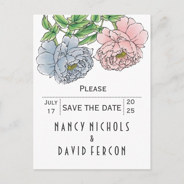 Pastel pink, blue peonies wedding Save the Date Announcement Postcard (Front)
