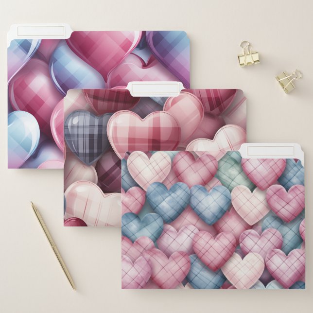 PASTEL PINK & BLUE PLAID PATTERNS LOVE HEARTS FILE FOLDER (Set)