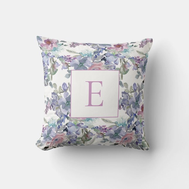 Pastel Pink Blue Purple Flowers White Monogram Throw Pillow (Front)