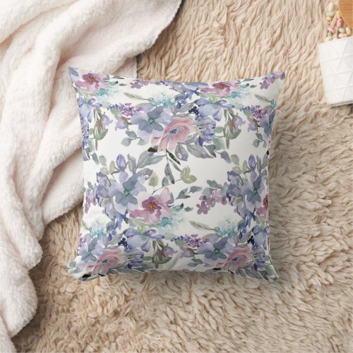 Pastel Pink Blue Purple Flowers White Throw Pillow