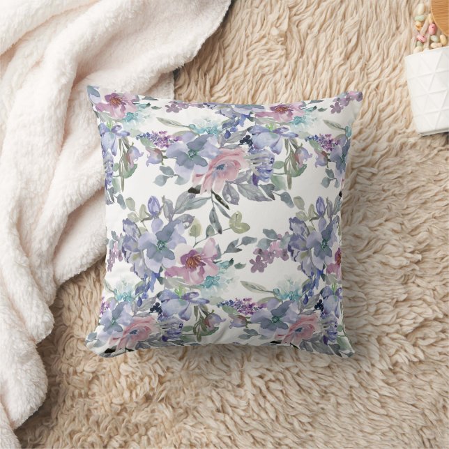 Pastel Pink Blue Purple Flowers White Throw Pillow (Blanket)