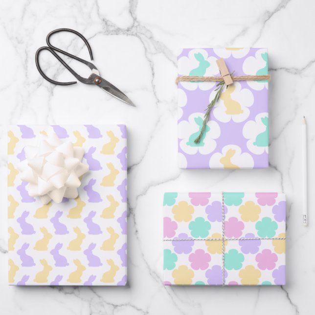 PASTEL PINK BLUE PURPLE GREEN EASTER BUNNIES WRAPPING PAPER SHEETS (Front)