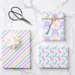 PASTEL PINK BLUE PURPLE GREEN EASTER BUNNIES WRAPPING PAPER SHEETS