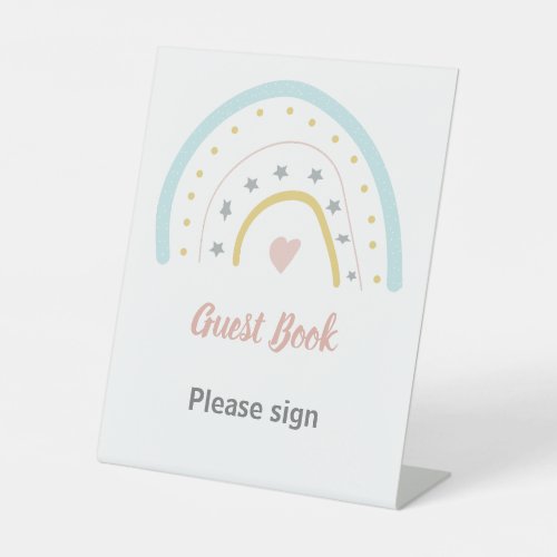 Pastel Pink Blue Rainbow Guest Book Birthday Party Pedestal Sign