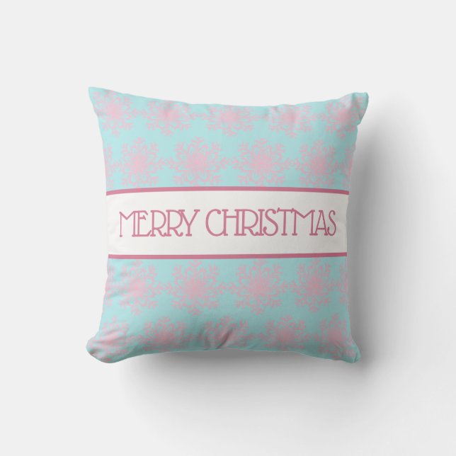 Pastel Pink Blue Snowflakes Merry Christmas Throw Pillow (Front)