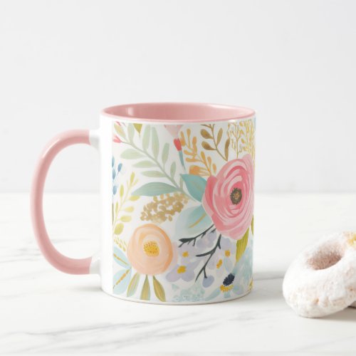 Pastel Pink Blue Watercolor Floral Botanical Mug