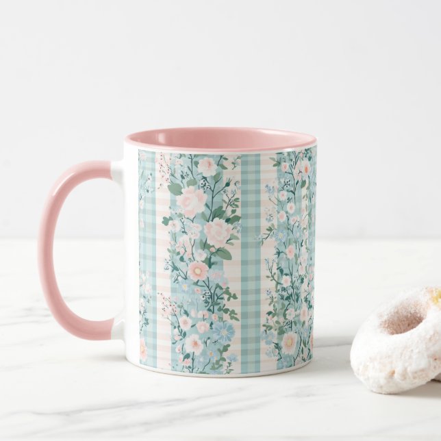 Pastel Pink Blue Watercolor Florals Gingham  Mug (With Donut)