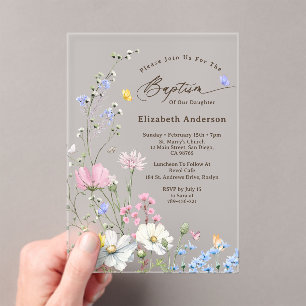Pastel Pink & Blue Whimsical Wildflower Baptism Acrylic Invitations
