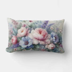 PASTEL PINK BLUE & WHITE FLORAL BLOOMS LUMBAR PILLOW