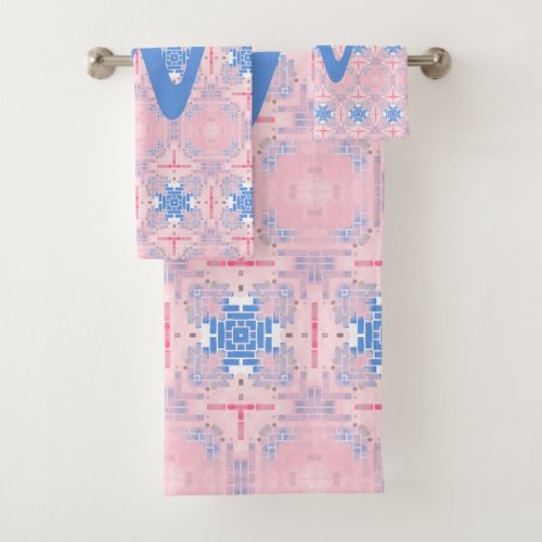 Pastel Pink Blue White Geometric Print Monogram Bath Towel Set