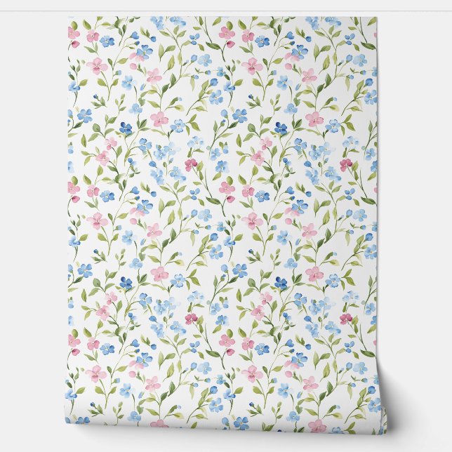 Pastel Pink Blue Wildflower Pattern Wallpaper (Unrolling)