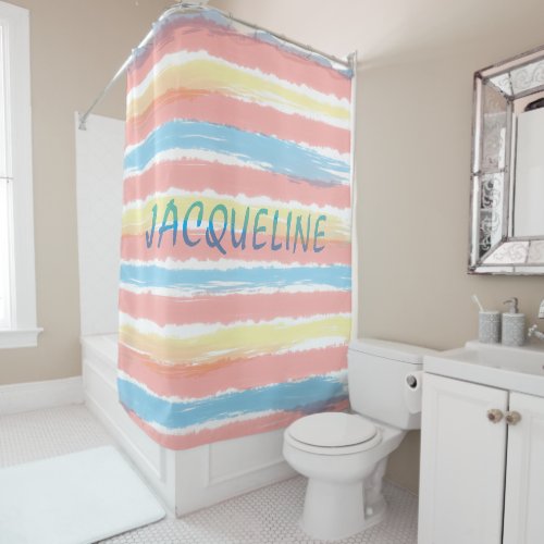 Pastel Pink Blue Yellow Stripes BLUE NAME   Shower Curtain