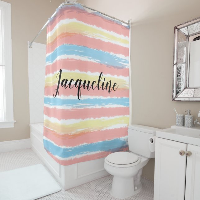 Pastel Pink Blue Yellow Stripes NAME Shower Curtain (In Situ)