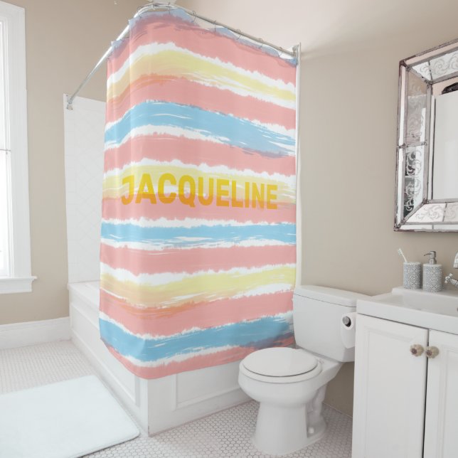 Pastel Pink Blue Yellow Stripes YELLOW NAME   Shower Curtain (In Situ)