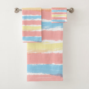 Pastel Pink Blue Yellow Watercolor Stripes Bath Towel Set