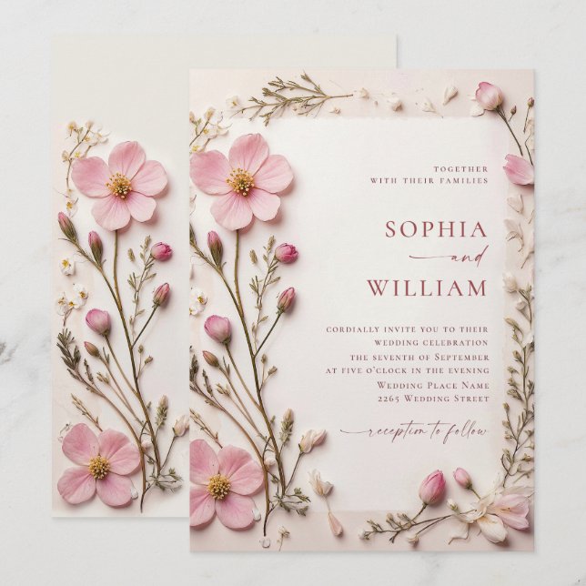 Pastel Pink Blush Boho Wildflowers Wedding Invitation (Front/Back)