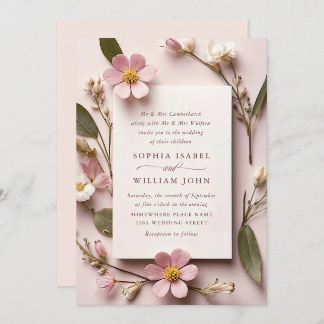 Pastel Pink Blush Boho Wildflowers Wedding QR code Invitation (Front/Back)