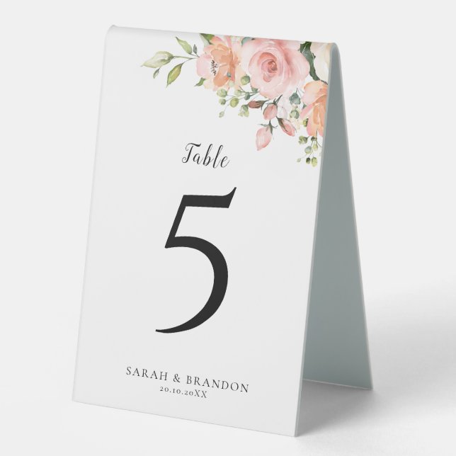 Pastel Pink Blush Floral Botanical Table Number Table Tent (Front)