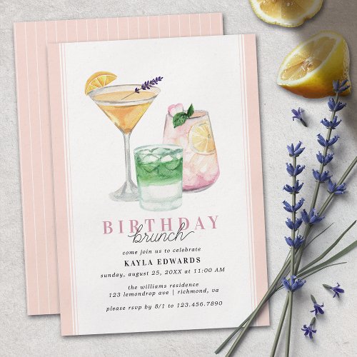 Pastel Pink Blush  Girly Cocktail Birthday Brunch Invitation