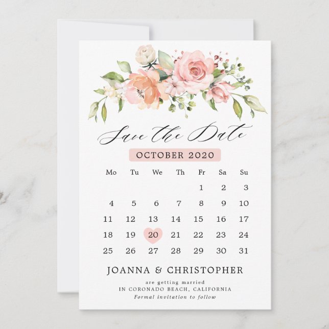 Pastel Pink Blush Rose Floral Botanical Calendar Save The Date (Front)