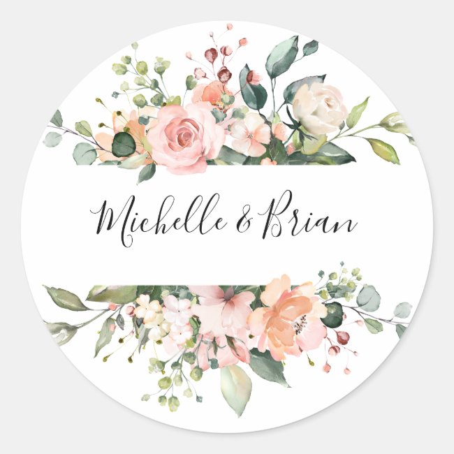 Pastel Pink Blush Rose Floral Botanical Wedding Classic Round Sticker
