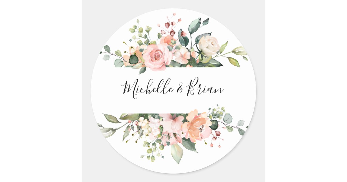 Blush White Bloom Floral Wreath Monogram Classic Round Sticker