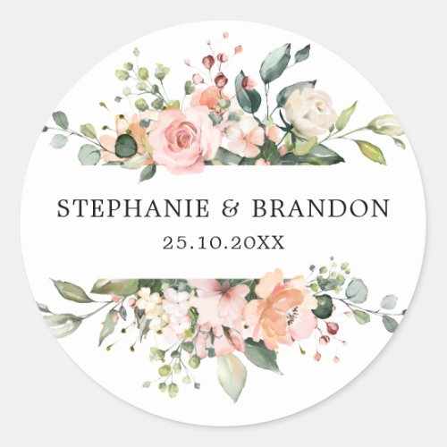 Pastel Pink Blush Rose Floral Botanical Wedding Classic Round Sticker