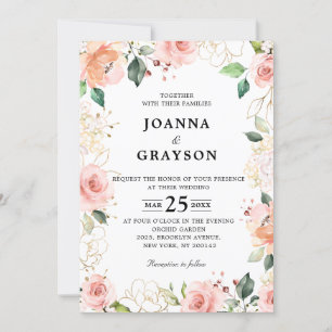 Pastel Pink Blush Rose Floral Botanical Wedding Invitation