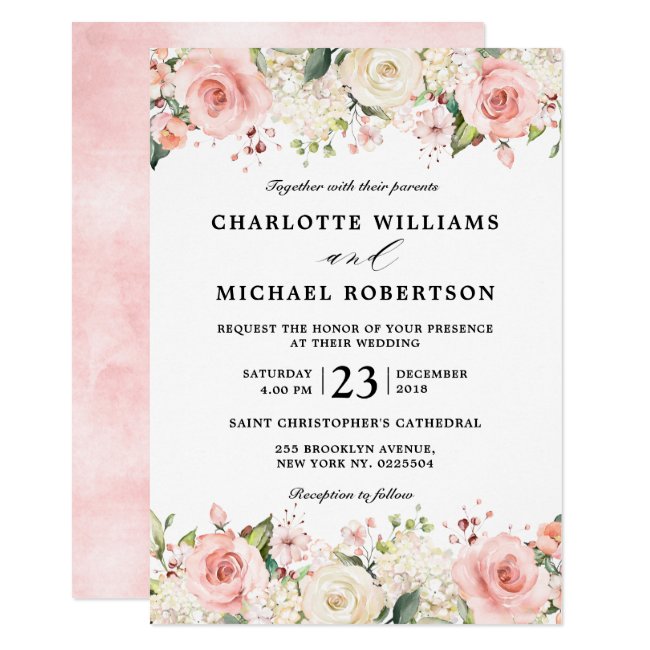 Pastel Pink Blush Rose Floral Botanical Wedding Invitation