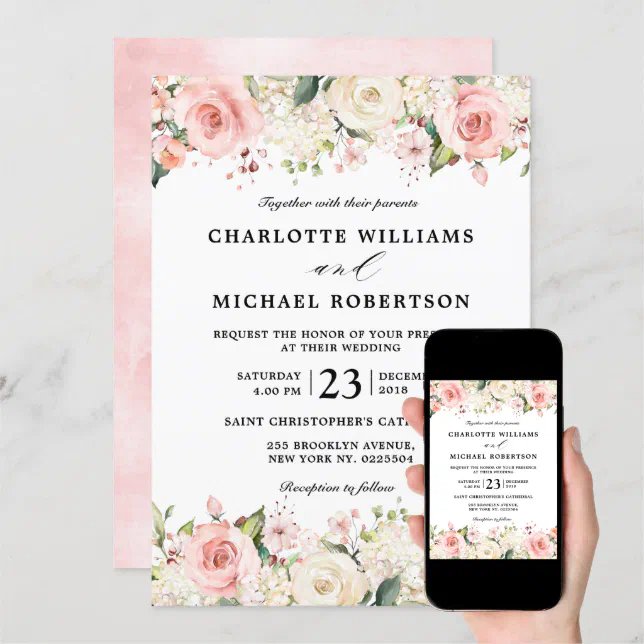 Pastel Pink Blush Rose Floral Botanical Wedding Invitation | Zazzle