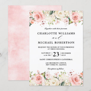 Pastel Pink Blush Rose Floral Botanical Wedding Invitation