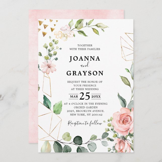 Pastel Pink Blush Rose Floral Botanical Wedding Invitation (Front/Back)