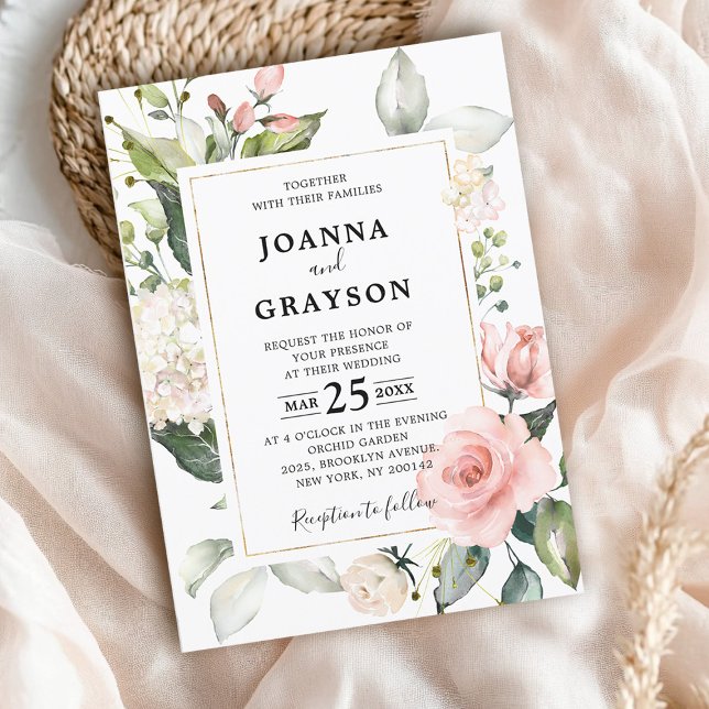 Pastel Pink Blush Rose Floral Botanical Wedding Invitation (Midsummer Peach Pastel Blush Pink Floral Roses, Peonies and Hydrangea Wedding Invitation)