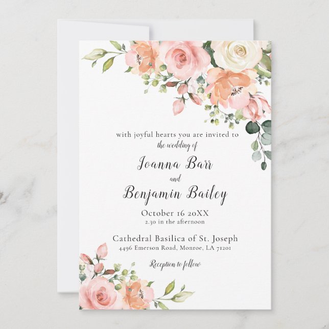 Pastel Pink Blush Rose Floral Botanical Wedding Invitation (Front)