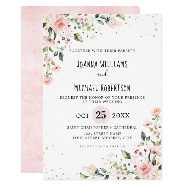 Pastel Pink Blush Rose Floral Botanical Wedding Invitation