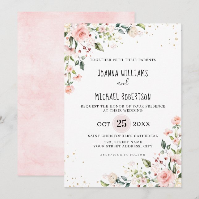 Pastel Pink Blush Rose Floral Botanical Wedding Invitation (Front/Back)