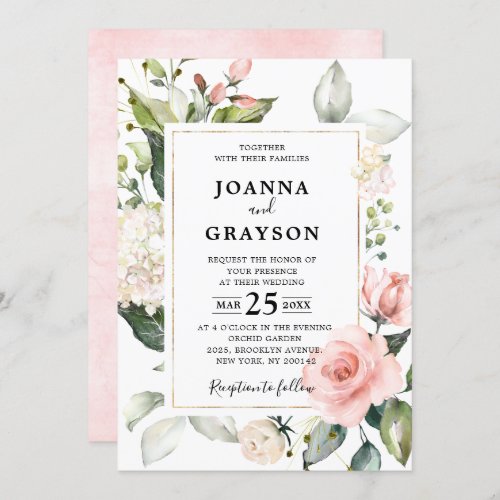 Pastel Pink Blush Rose Floral Botanical Wedding Invitation