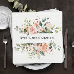 Pastel Pink Blush Rose Floral Botanical Wedding Napkins<br><div class="desc">Elegant sunny watercolor floral blossom botanical wedding napkin featuring a bouquet of soft pastel watercolor roses and hydrangea in shades of blush pink, pastel pink , peach and cream with lush green botanical leaves and eucalyptus leaves foliage. A modern design choice that is perfect for spring and summer blush pink...</div>